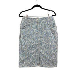 Talbots Women's Blue Green Floral Leaf Printed Denim Skirt Stretch Size 6